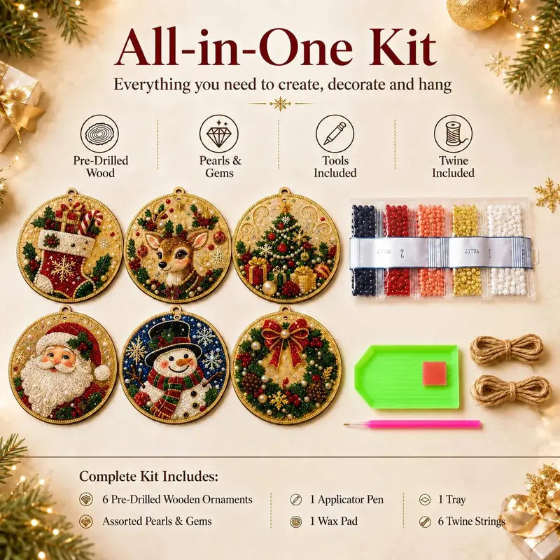 6-Piece DIY Wooden Christmas Diamond Painting Ornament Kit