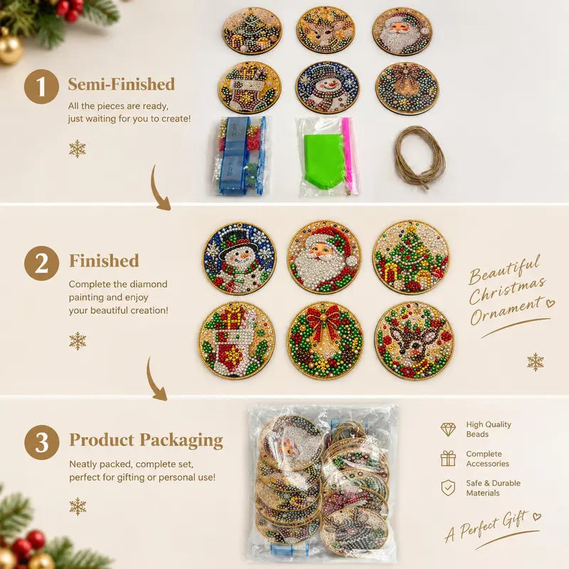 6-Piece DIY Wooden Christmas Diamond Painting Ornament Kit