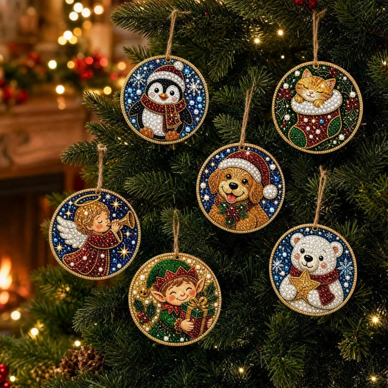 6-Piece DIY Wooden Christmas Diamond Painting Ornament Kit